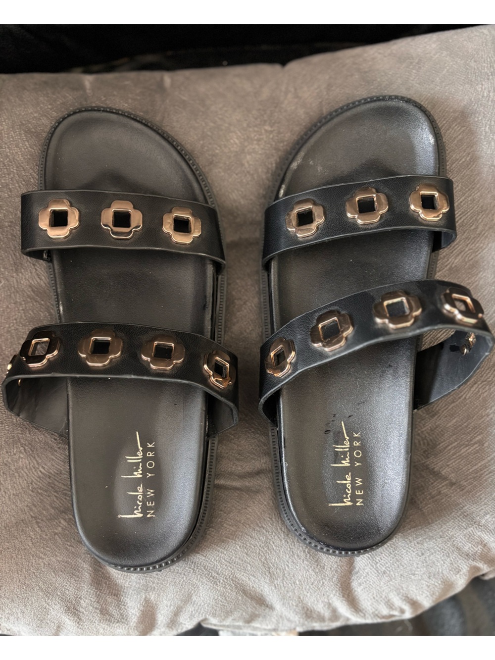 Nicole Miller Black Sandals with Gold Accents